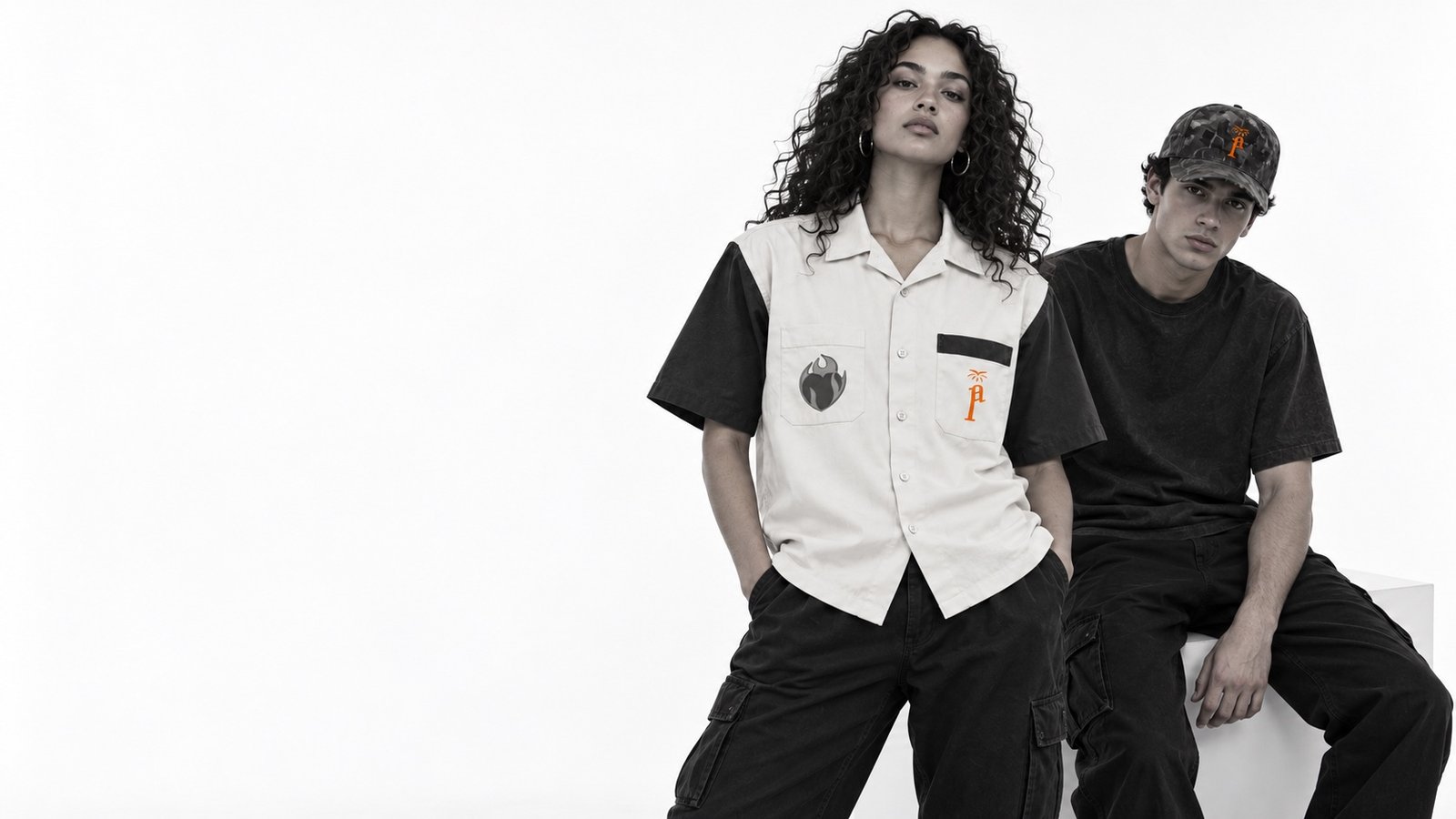 Two young adults in Pentecost Avenue streetwear in a white studio